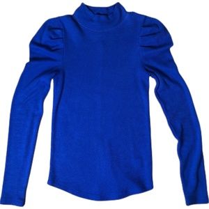 FREE PEOPLE Tattooed Heart Top Cobalt Blue Womens Small -Mock Neck Puff Shoulder